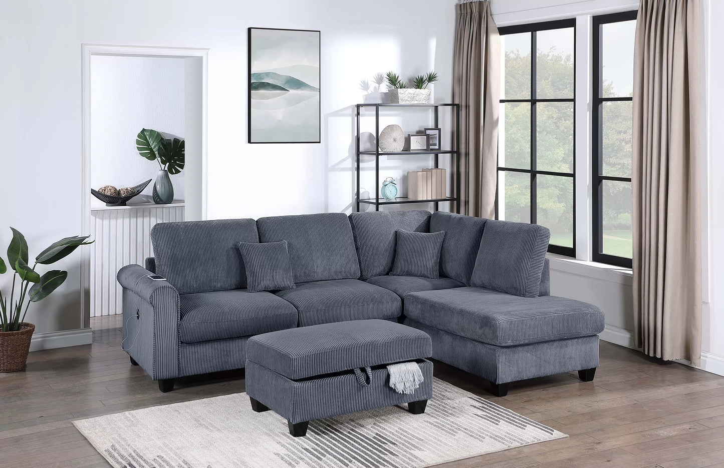 3-Piece Corduroy Sectional with USB & Storage Ottoman – Dark Gray | F8453