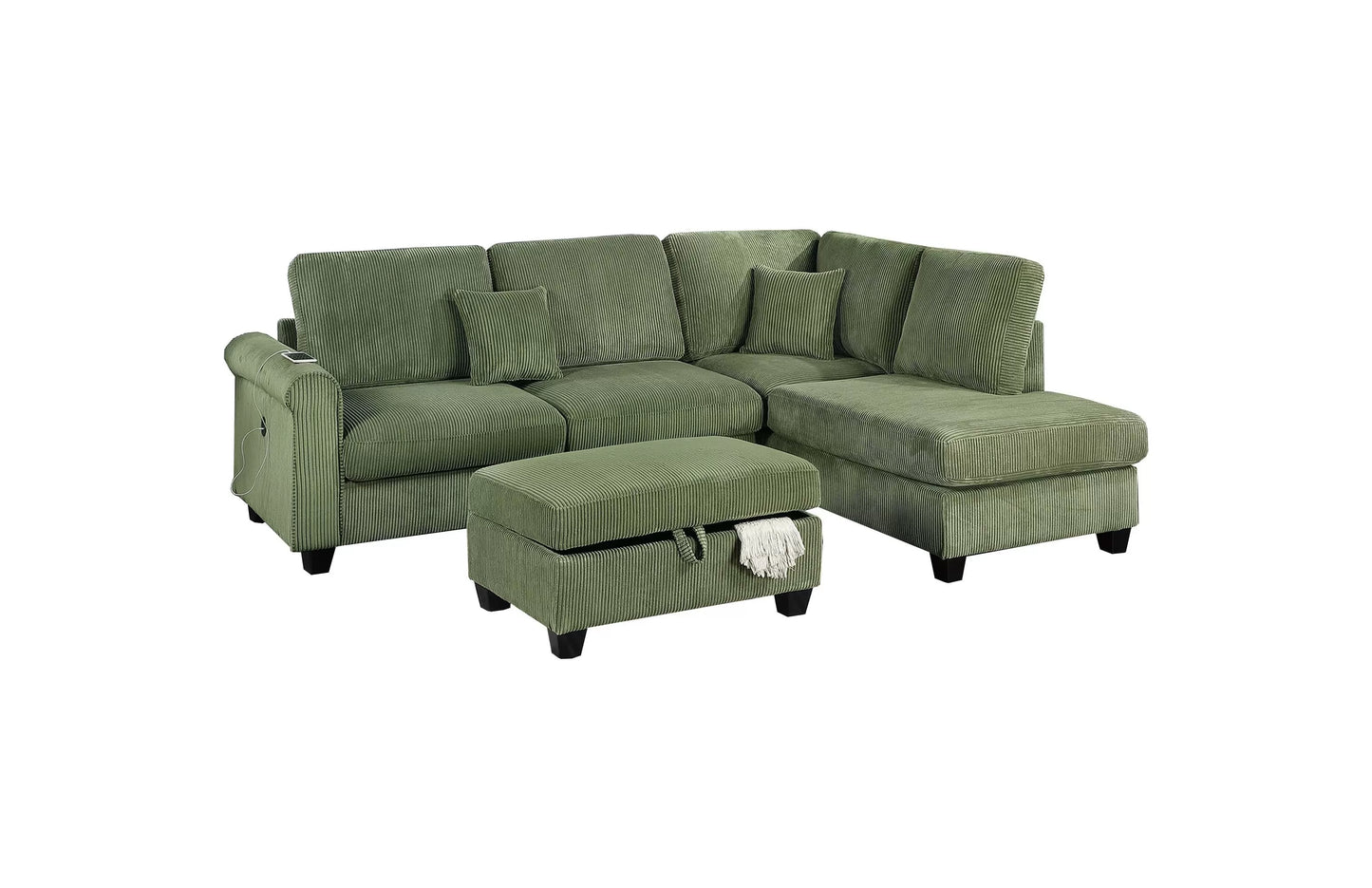 3-Piece Corduroy Sectional with USB & Storage Ottoman – Sage | F8454