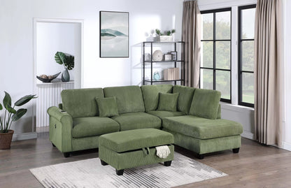 3-Piece Corduroy Sectional with USB & Storage Ottoman – Sage | F8454