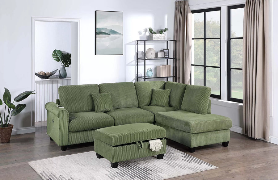 3-Piece Corduroy Sectional with USB & Storage Ottoman – Sage | F8454