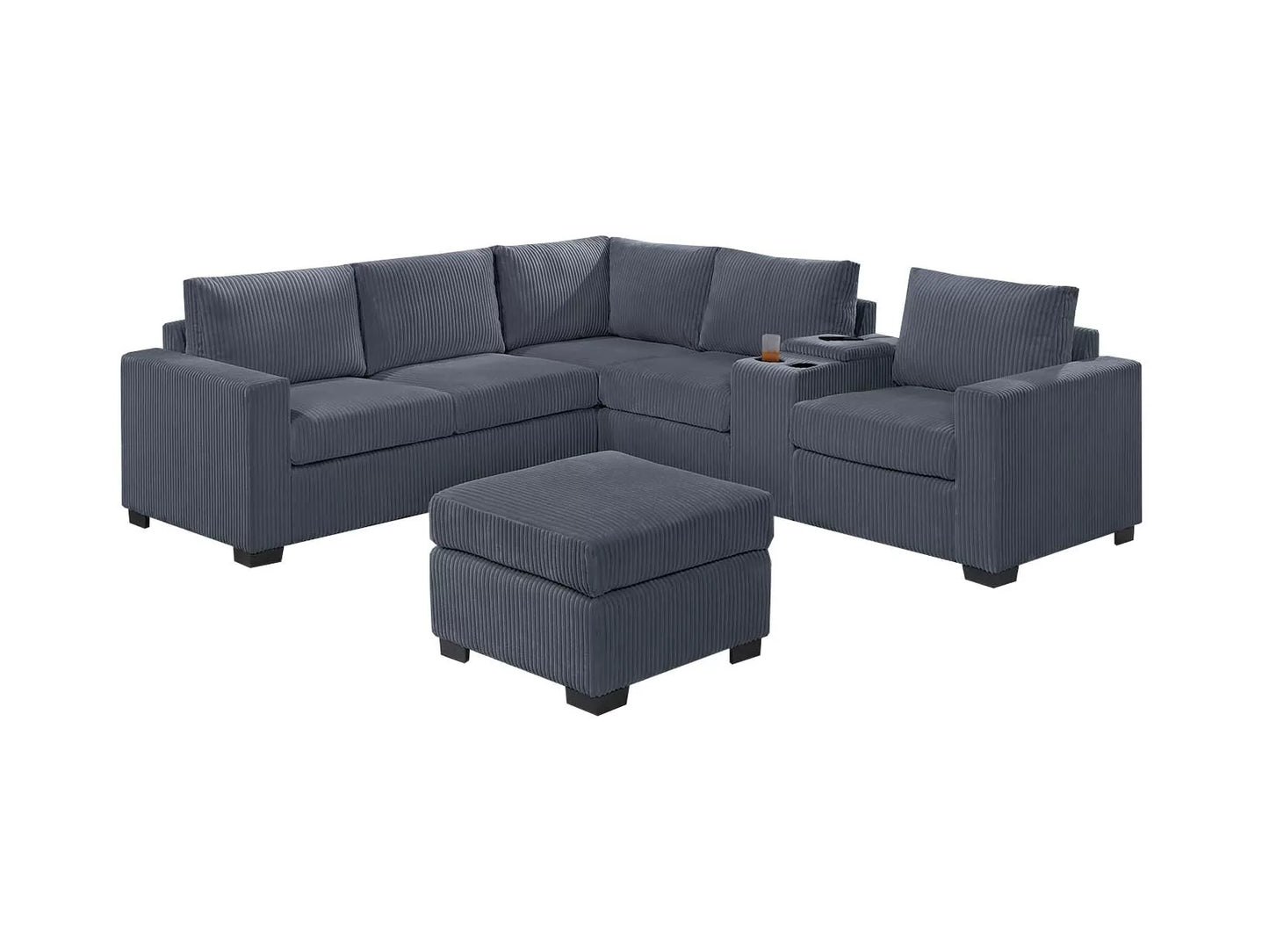 4-Piece Sectional with Ottoman, USB Console & Cup Holders – Dark Gray Wide-Welt Corduroy | F8467