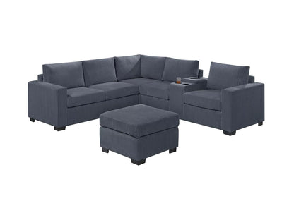 4-Piece Sectional with Ottoman, USB Console & Cup Holders – Dark Gray Wide-Welt Corduroy | F8467