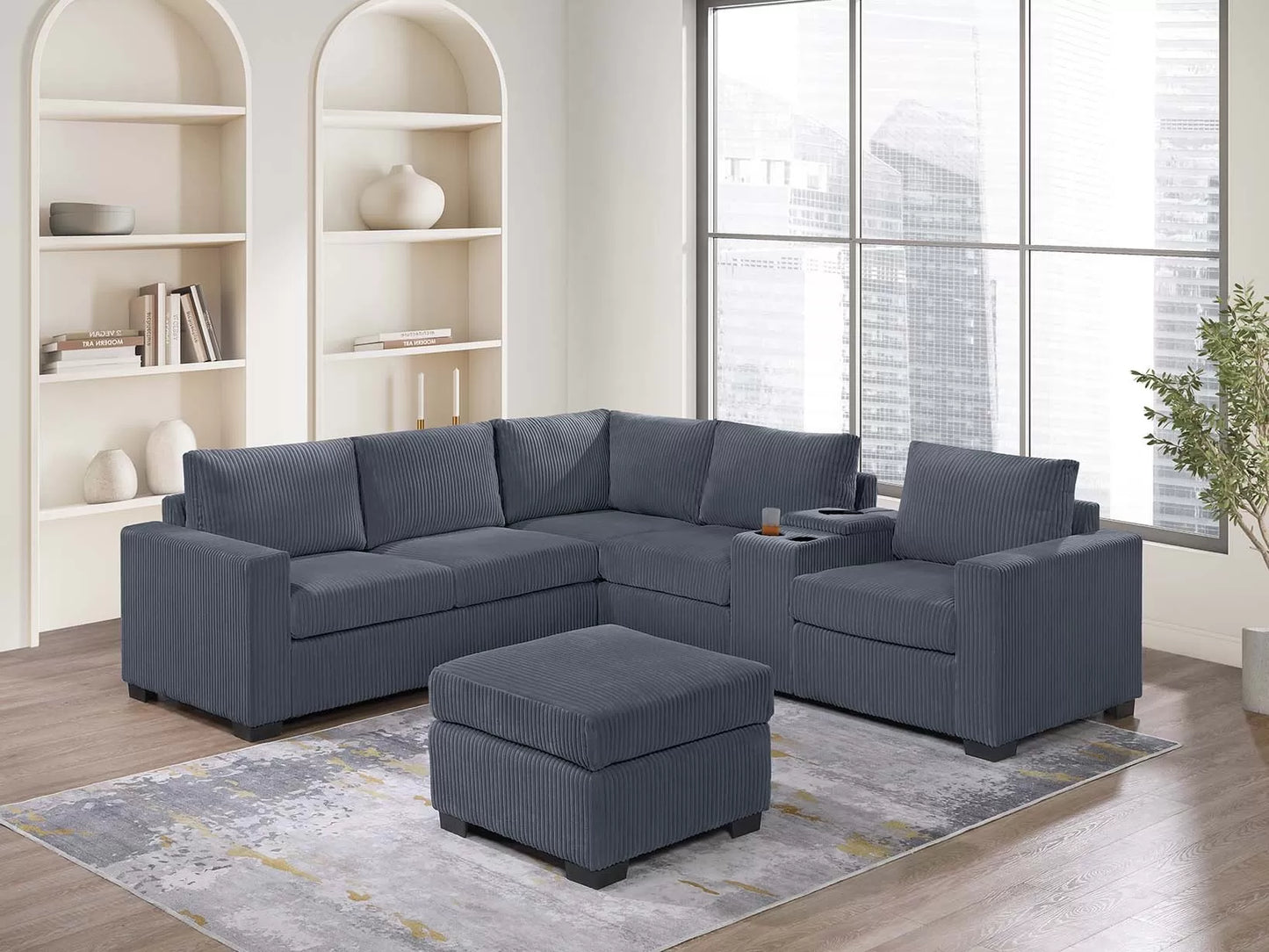 4-Piece Sectional with Ottoman, USB Console & Cup Holders – Dark Gray Wide-Welt Corduroy | F8467