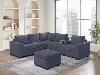 4-Piece Sectional with Ottoman, USB Console & Cup Holders – Dark Gray Wide-Welt Corduroy | F8467