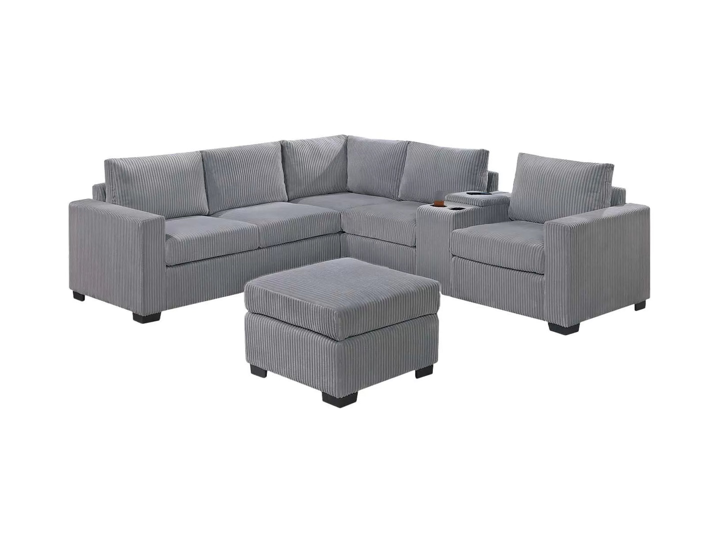 4-Piece Sectional with Ottoman, USB Console & Cup Holders – Light Gray Wide-Welt Corduroy | F8468