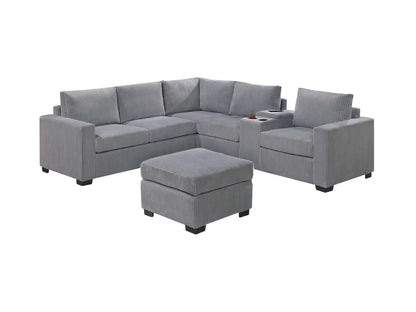 4-Piece Sectional with Ottoman, USB Console & Cup Holders – Light Gray Wide-Welt Corduroy | F8468