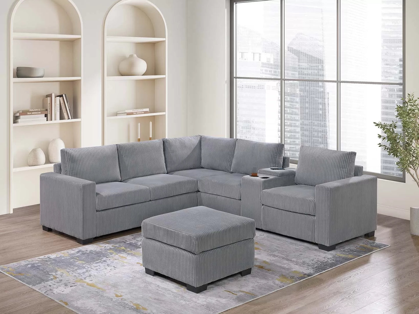4-Piece Sectional with Ottoman, USB Console & Cup Holders – Light Gray Wide-Welt Corduroy | F8468