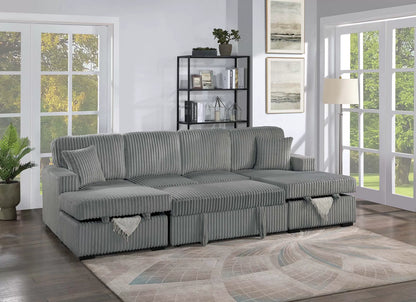 3-Piece Convertible Sectional Sofa with Dual Chaise Storage and Sleeper – Smoke Corduroy F8557