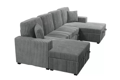 3-Piece Convertible Sectional Sofa with Dual Chaise Storage and Sleeper – Smoke Corduroy F8557