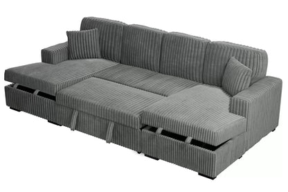 3-Piece Convertible Sectional Sofa with Dual Chaise Storage and Sleeper – Smoke Corduroy F8557