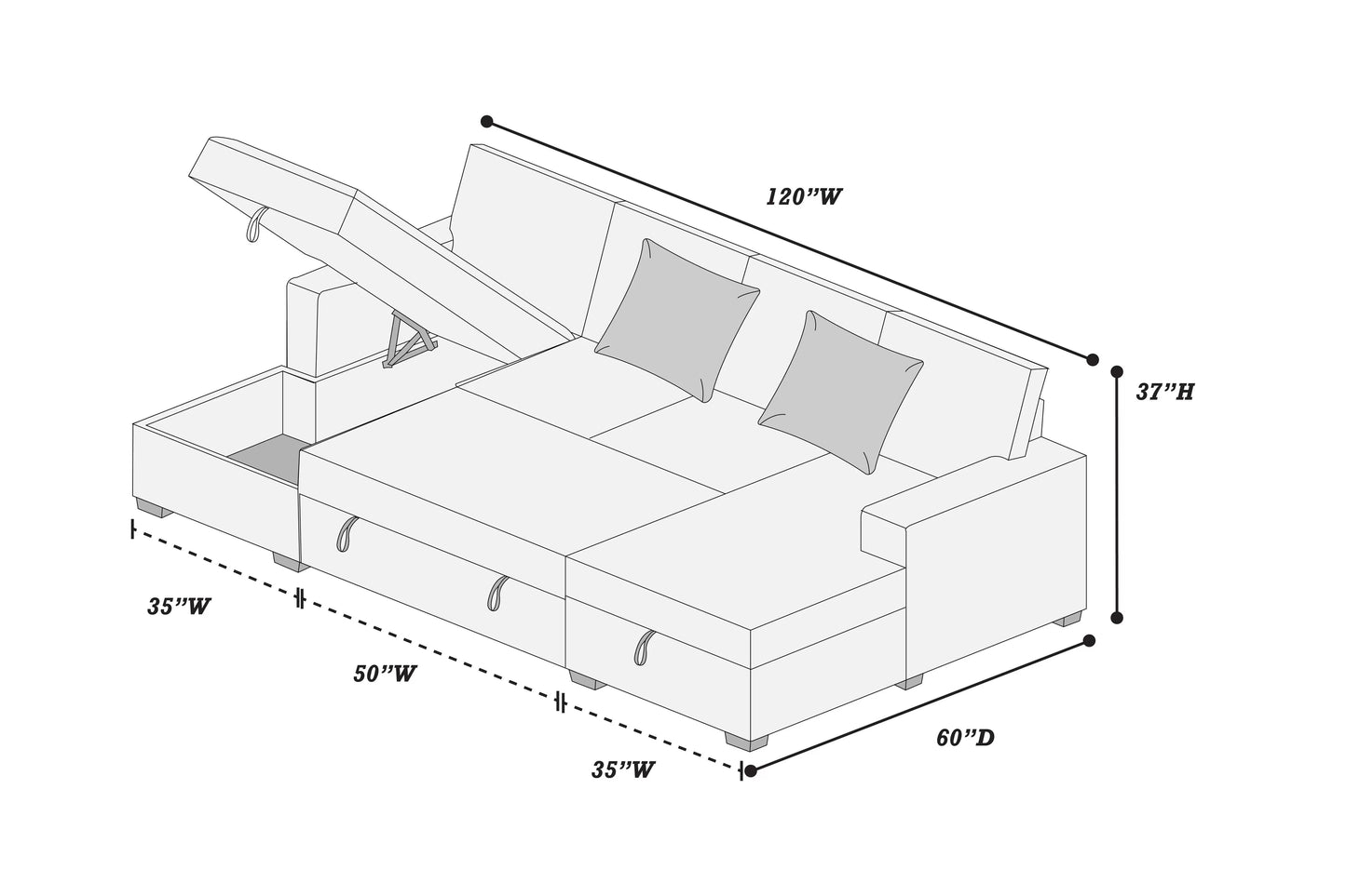 3-Piece Convertible Sectional Sofa with Dual Chaise Storage and Sleeper – Smoke Corduroy F8557