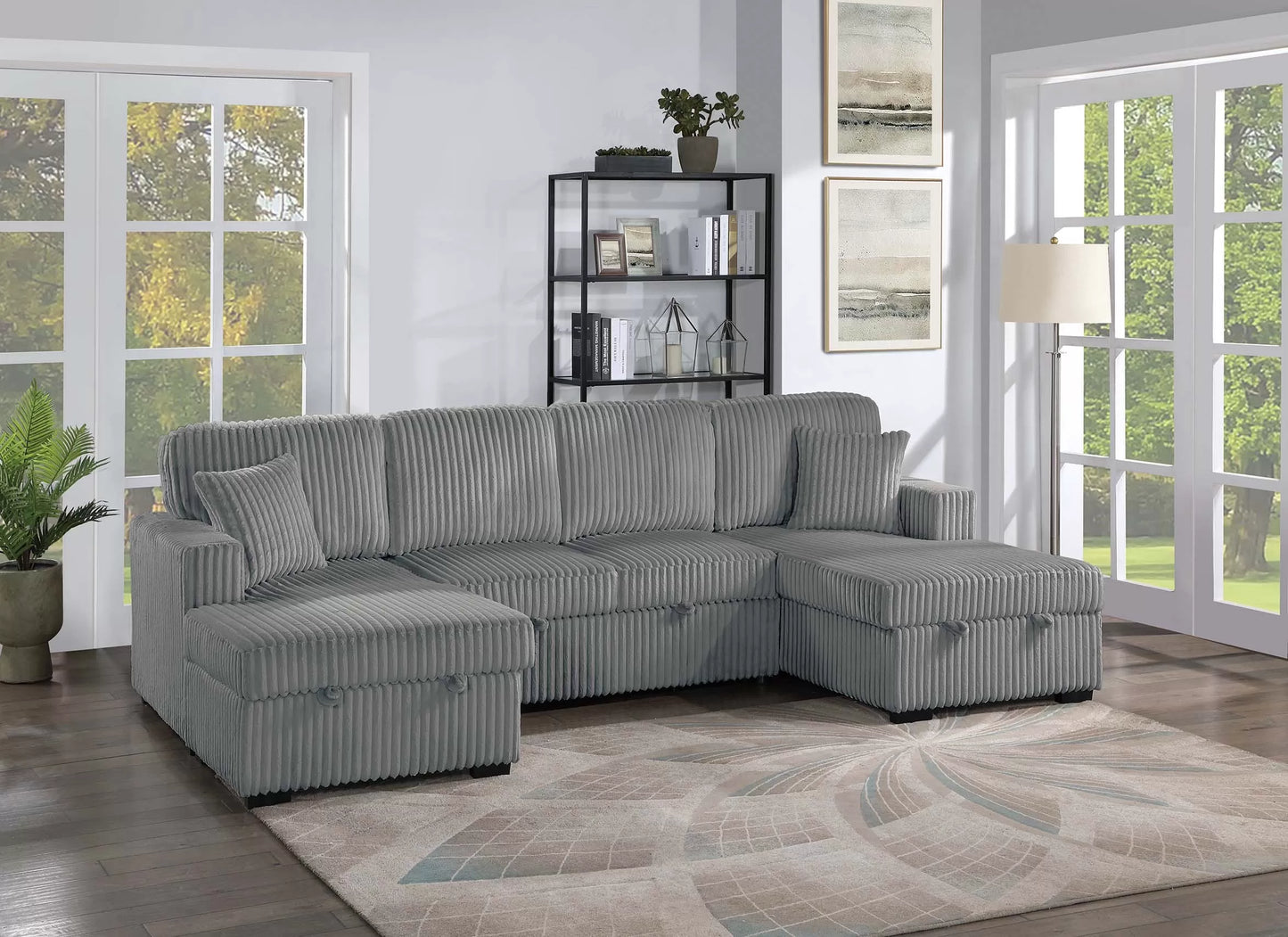 3-Piece Convertible Sectional Sofa with Dual Chaise Storage and Sleeper – Smoke Corduroy F8557