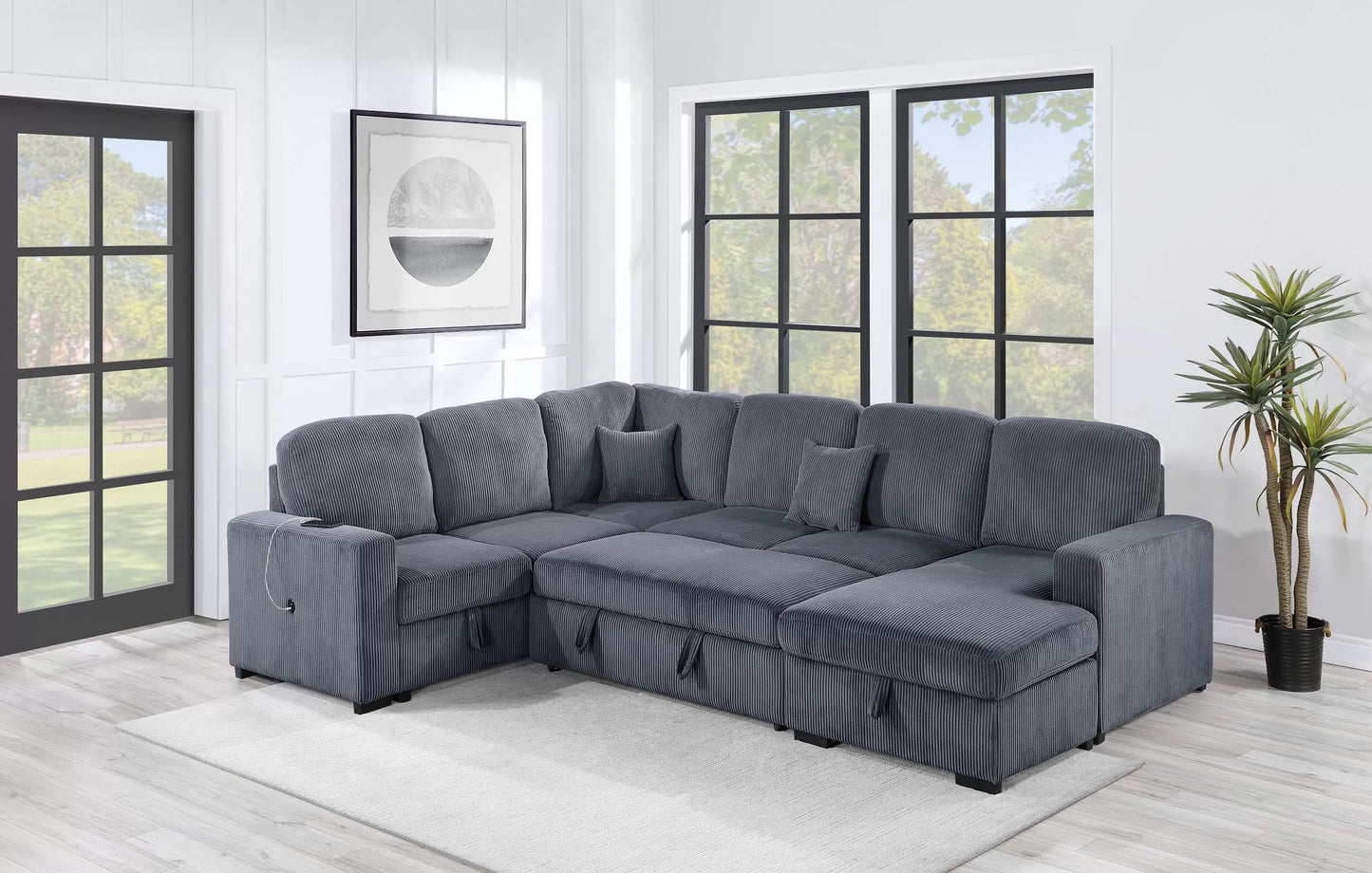 4-Piece Convertible Sectional Sofa with Storage and Sleeper – Dark Gray Corduroy F8559