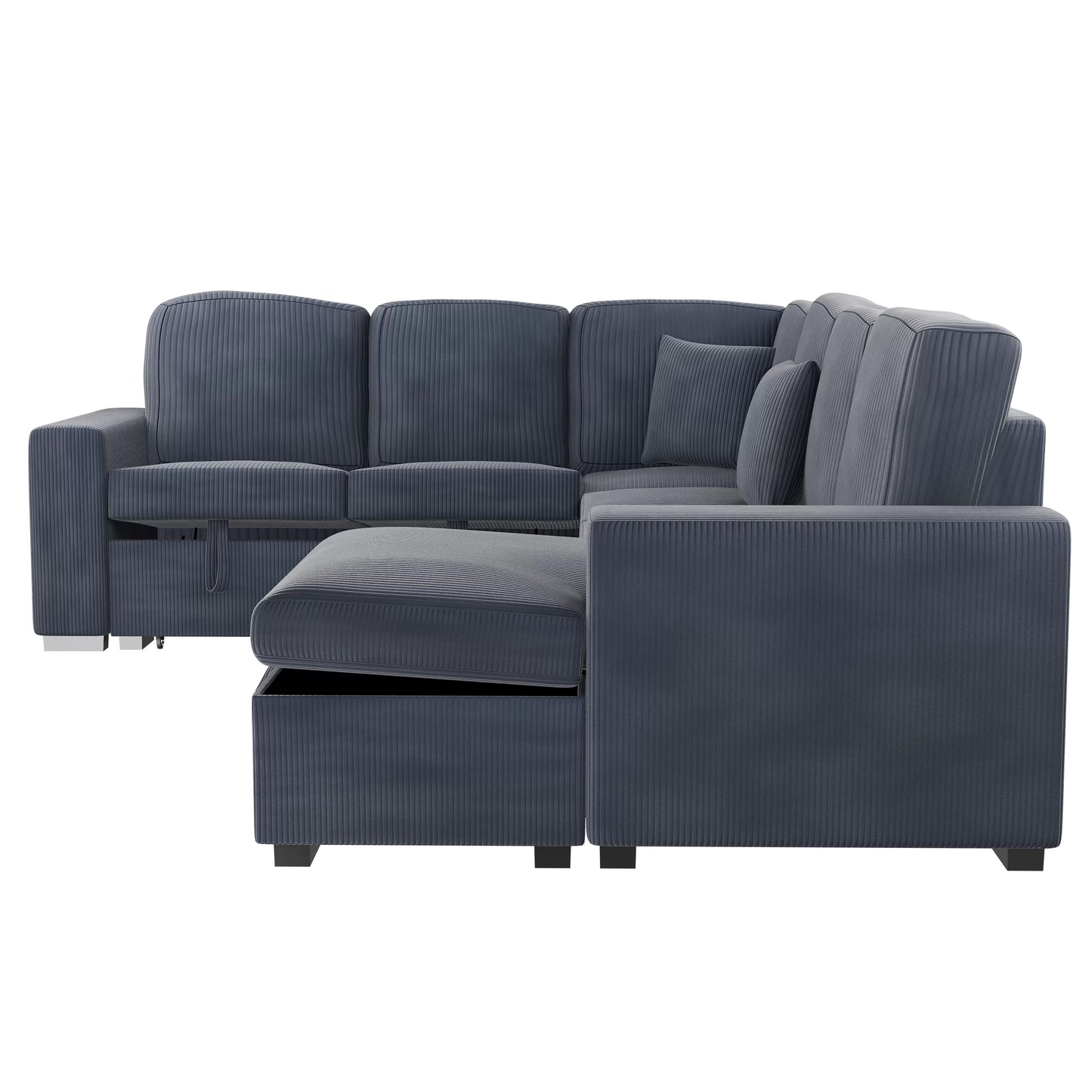 4-Piece Convertible Sectional Sofa with Storage and Sleeper – Dark Gray Corduroy F8559