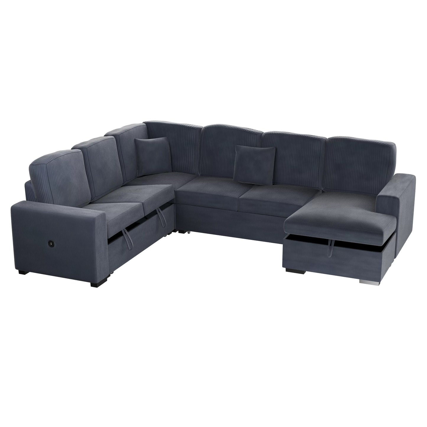 4-Piece Convertible Sectional Sofa with Storage and Sleeper – Dark Gray Corduroy F8559