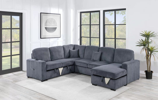 4-Piece Convertible Sectional Sofa with Storage and Sleeper – Dark Gray Corduroy F8559