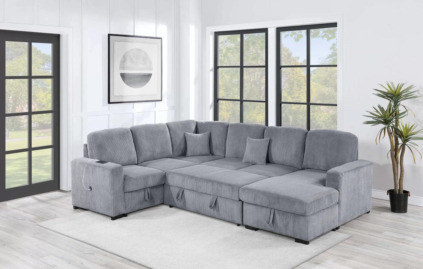 4-Piece Convertible Sectional Sofa with Storage and Sleeper – Fog Corduroy F8560