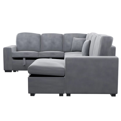 4-Piece Convertible Sectional Sofa with Storage and Sleeper – Fog Corduroy F8560