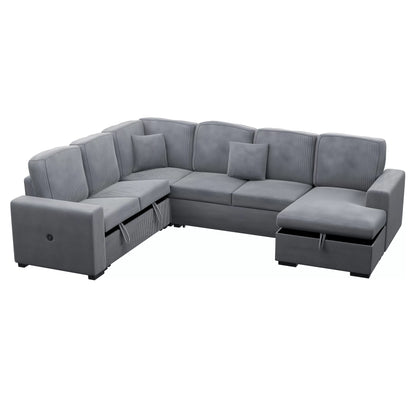 4-Piece Convertible Sectional Sofa with Storage and Sleeper – Fog Corduroy F8560