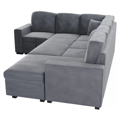 4-Piece Convertible Sectional Sofa with Storage and Sleeper – Fog Corduroy F8560