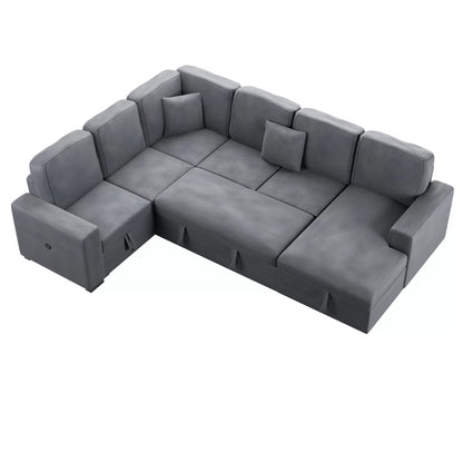 4-Piece Convertible Sectional Sofa with Storage and Sleeper – Fog Corduroy F8560