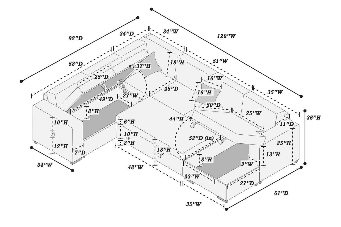 4-Piece Convertible Sectional Sofa with Storage and Sleeper – Fog Corduroy F8560