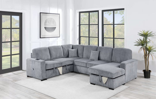 4-Piece Convertible Sectional Sofa with Storage and Sleeper – Fog Corduroy F8560