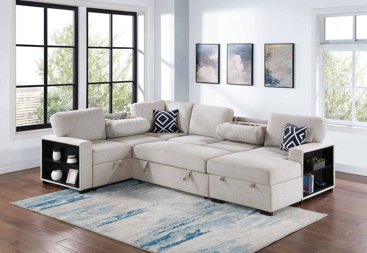 The Veda Beige Convertible Sectional with Pull-Out Bed – 4-piece - view 2