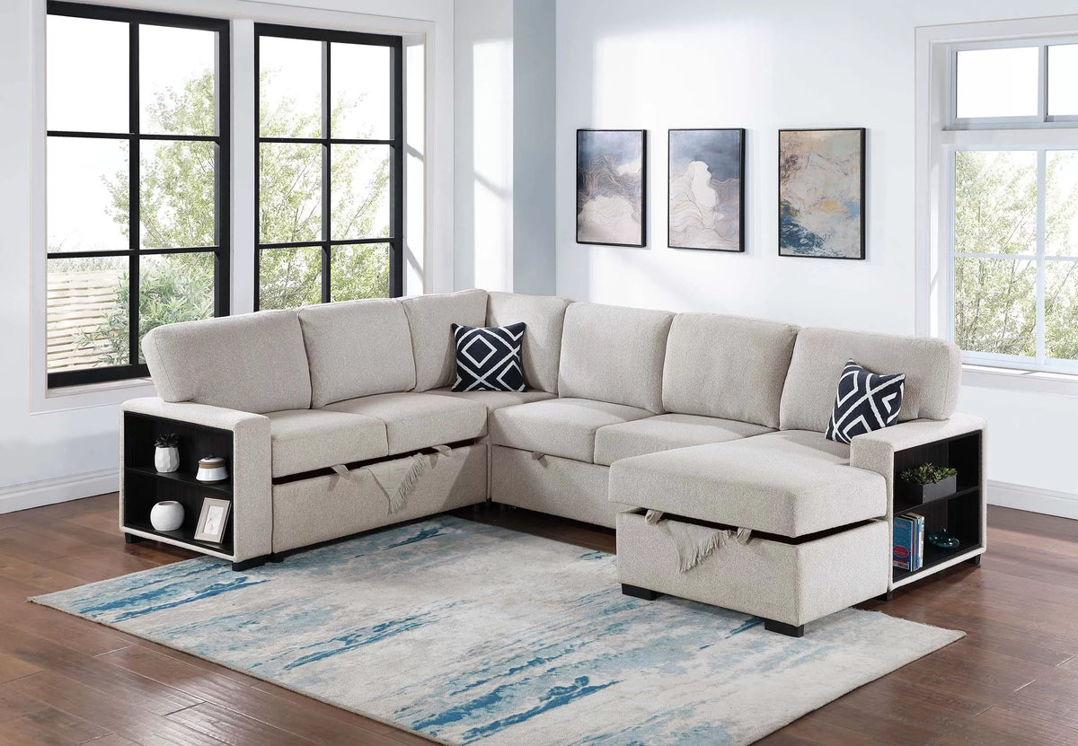 The Veda Beige Convertible Sectional with Pull-Out Bed – 4-piece