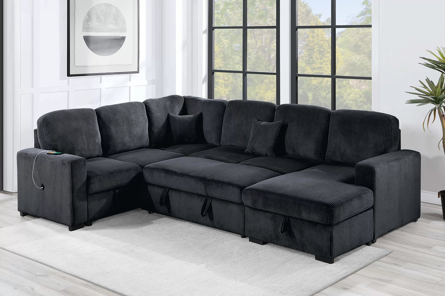 4-Piece Convertible Sectional Sofa with Storage and Sleeper – Black Corduroy F8565