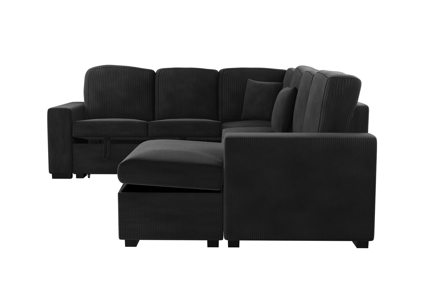 4-Piece Convertible Sectional Sofa with Storage and Sleeper – Black Corduroy F8565