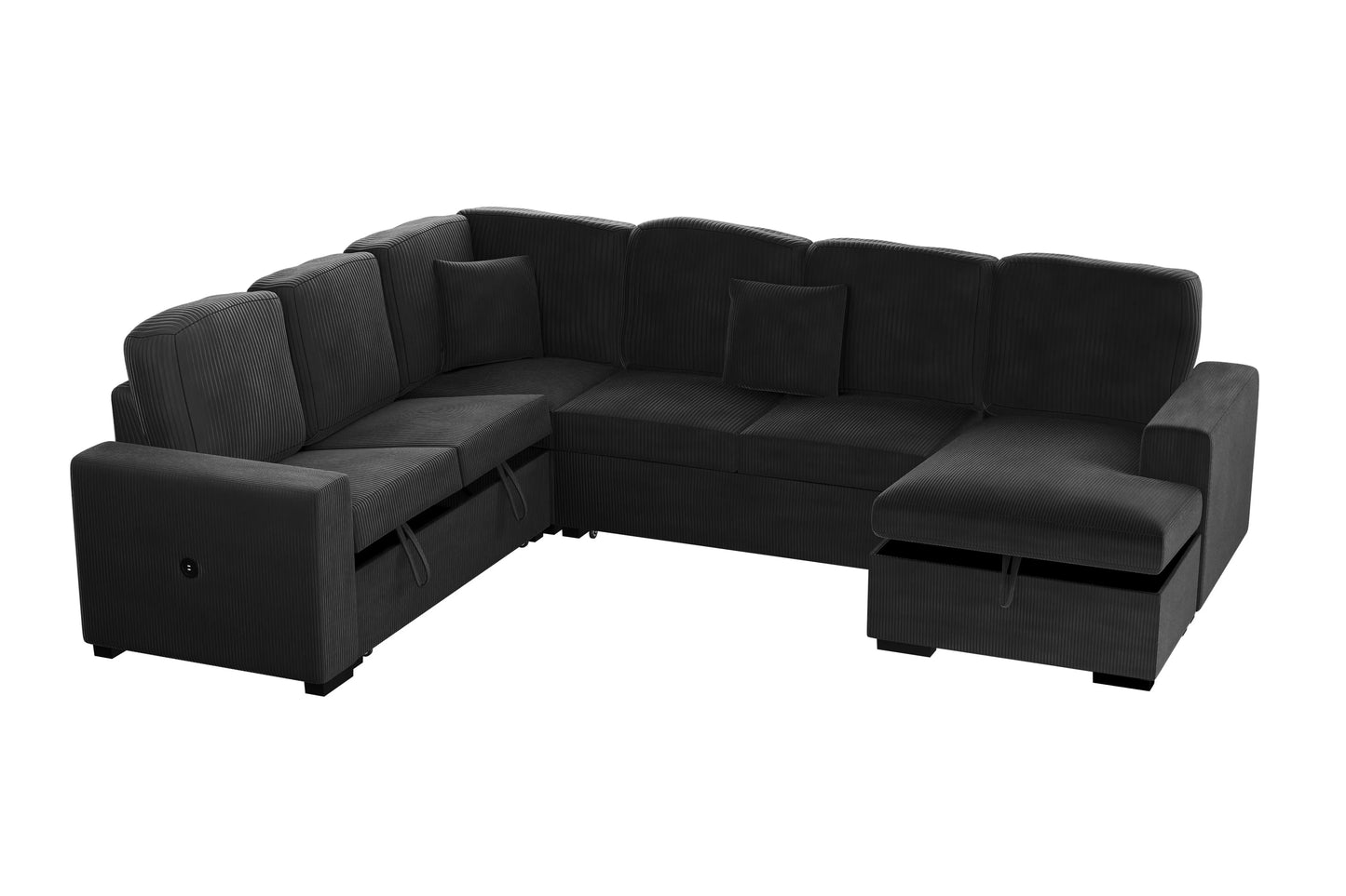 4-Piece Convertible Sectional Sofa with Storage and Sleeper – Black Corduroy F8565
