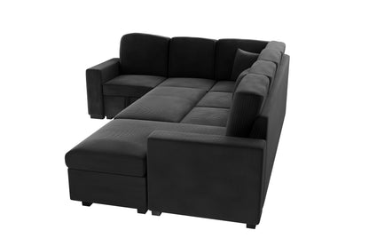 4-Piece Convertible Sectional Sofa with Storage and Sleeper – Black Corduroy F8565