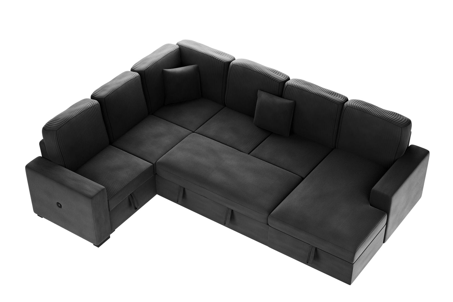 4-Piece Convertible Sectional Sofa with Storage and Sleeper – Black Corduroy F8565