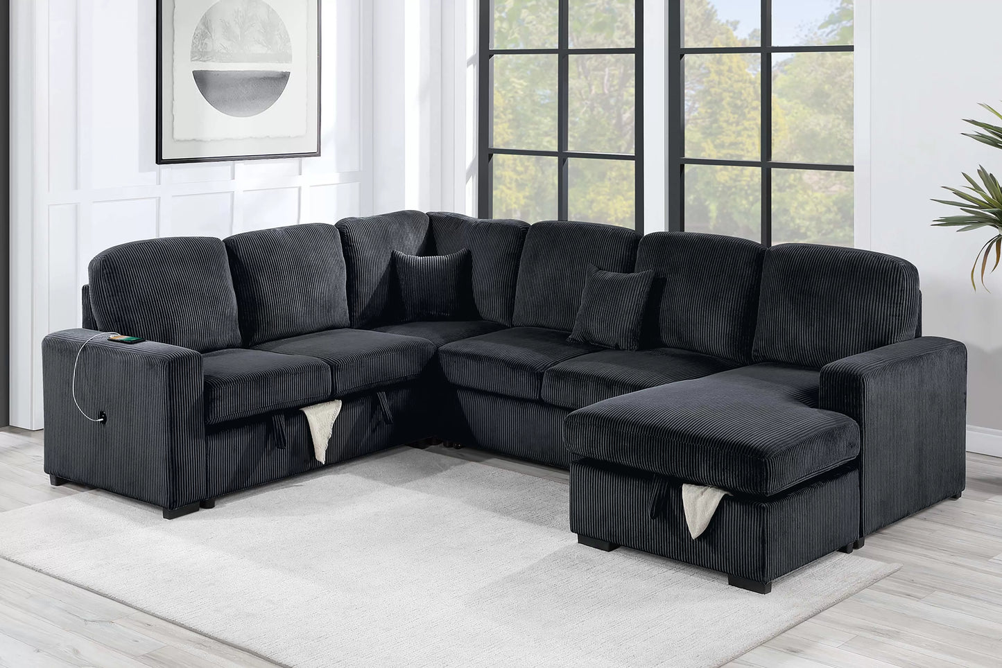 4-Piece Convertible Sectional Sofa with Storage and Sleeper – Black Corduroy F8565
