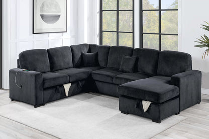 4-Piece Convertible Sectional Sofa with Storage and Sleeper – Black Corduroy F8565