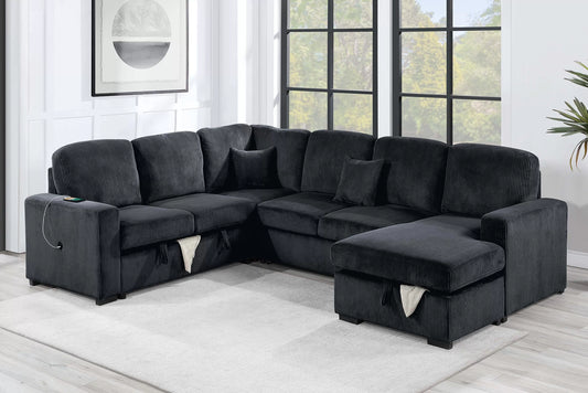 4-Piece Convertible Sectional Sofa with Storage and Sleeper – Black Corduroy F8565