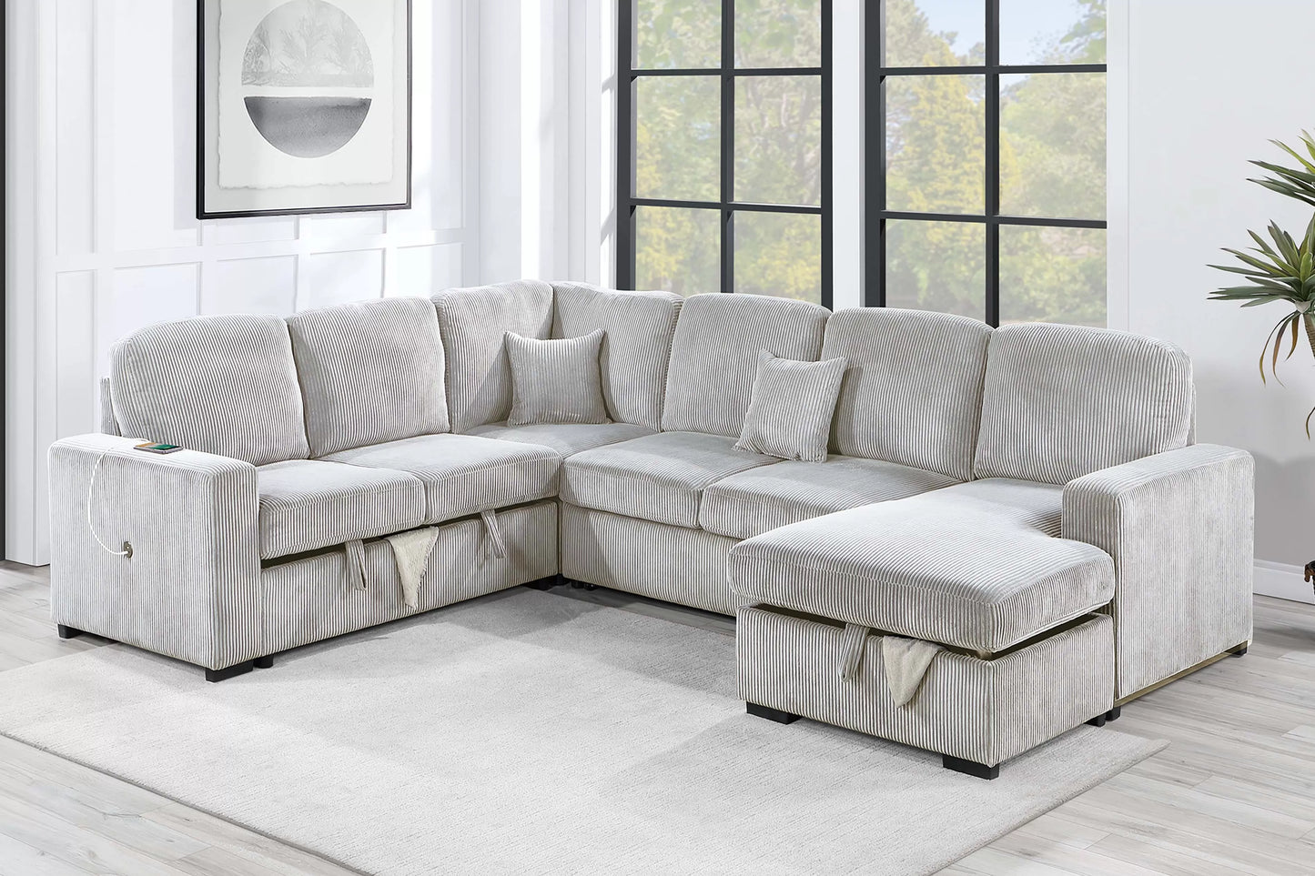 4-Piece Convertible Sectional Sofa with Storage and Sleeper – Ivory Corduroy F8566