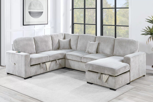 4-Piece Convertible Sectional Sofa with Storage and Sleeper – Ivory Corduroy F8566