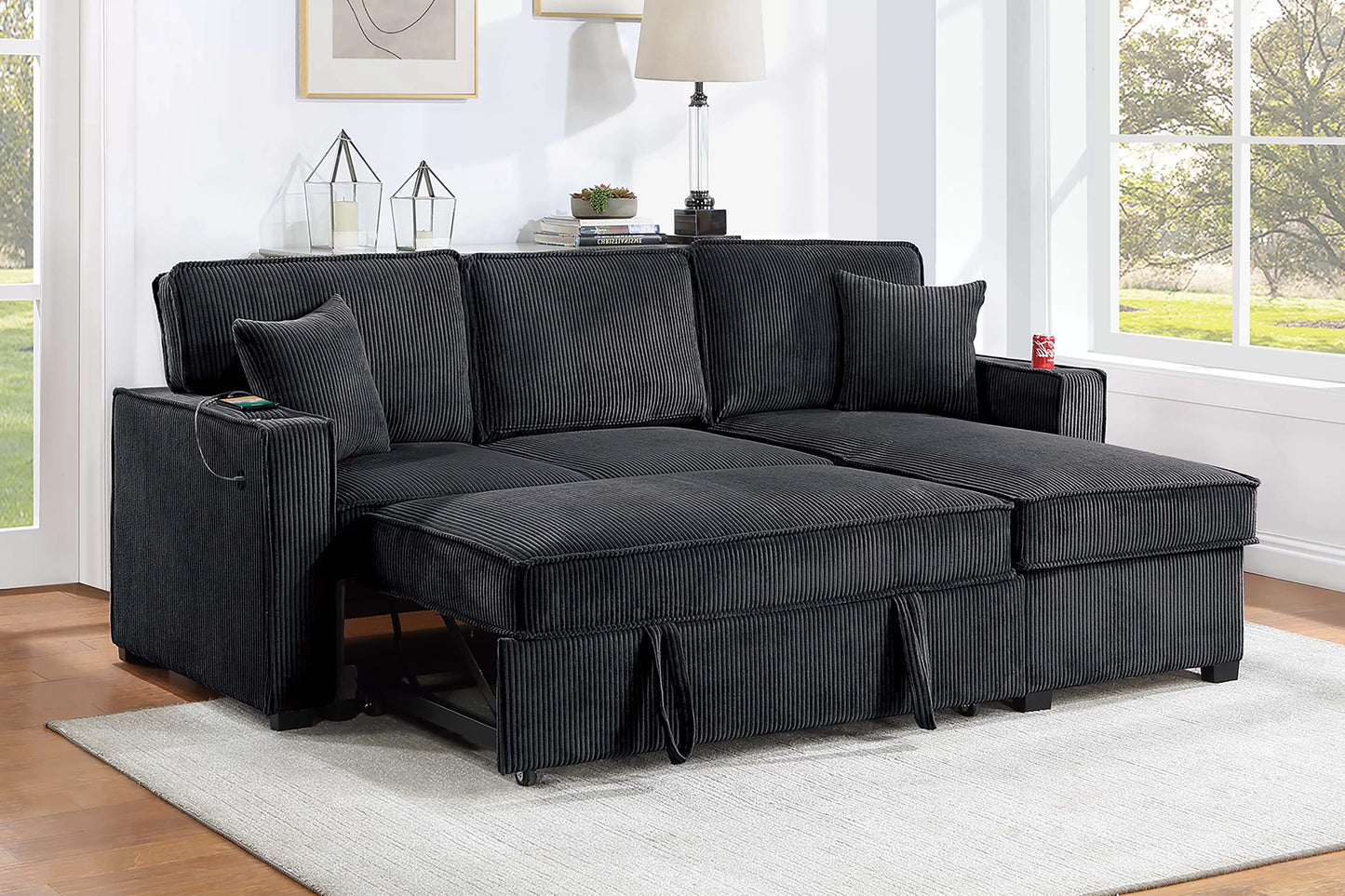 Convertible Sectional Sleeper – Black Corduroy with Storage, Cup Holder & USB F8572