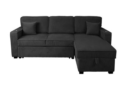 Convertible Sectional Sleeper – Black Corduroy with Storage, Cup Holder & USB F8572