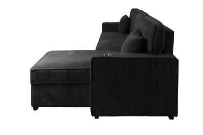 Convertible Sectional Sleeper – Black Corduroy with Storage, Cup Holder & USB F8572