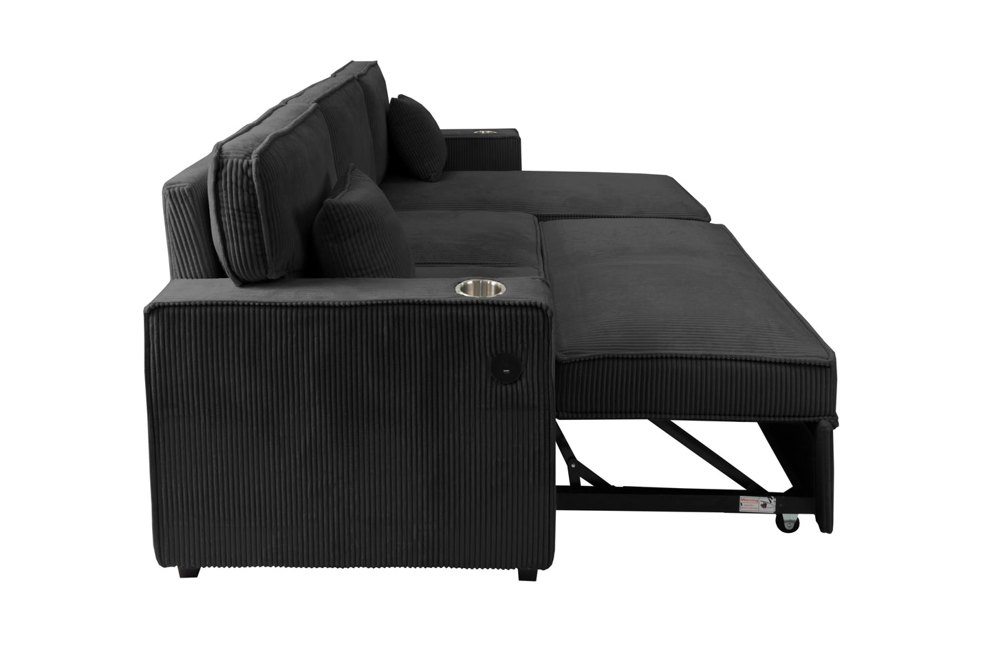 Convertible Sectional Sleeper – Black Corduroy with Storage, Cup Holder & USB F8572