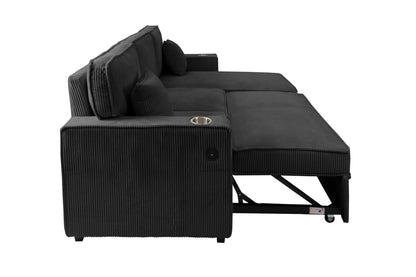 Convertible Sectional Sleeper – Black Corduroy with Storage, Cup Holder & USB F8572
