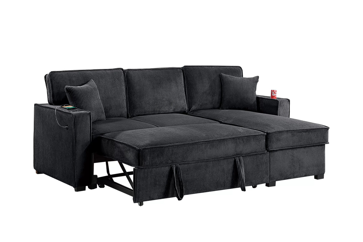 Convertible Sectional Sleeper – Black Corduroy with Storage, Cup Holder & USB F8572
