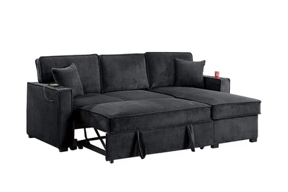 Convertible Sectional Sleeper – Black Corduroy with Storage, Cup Holder & USB F8572