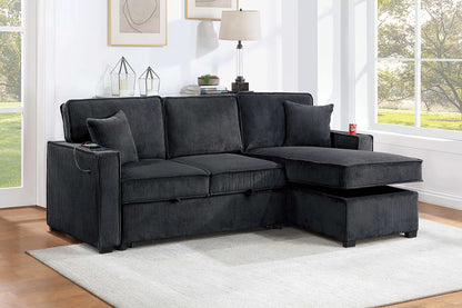 Convertible Sectional Sleeper – Black Corduroy with Storage, Cup Holder & USB F8572