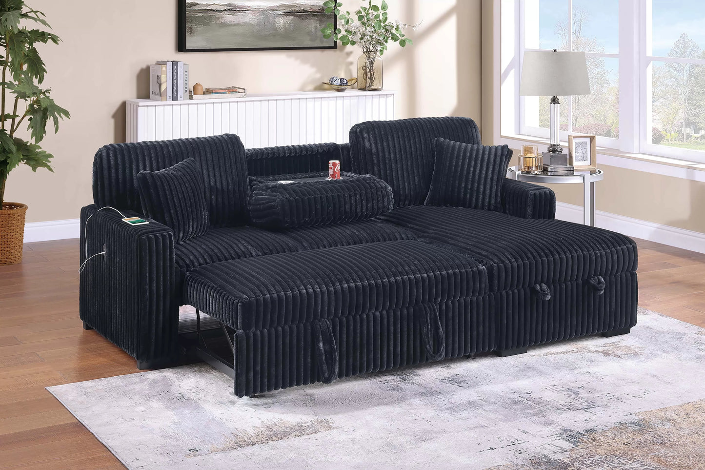 Convertible Sleeper Sectional with Storage, USB & Cup Holders – Black Corduroy | F8574