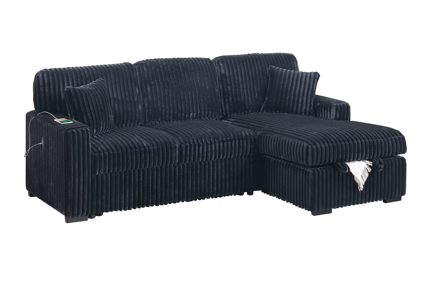 Convertible Sleeper Sectional with Storage, USB & Cup Holders – Black Corduroy | F8574