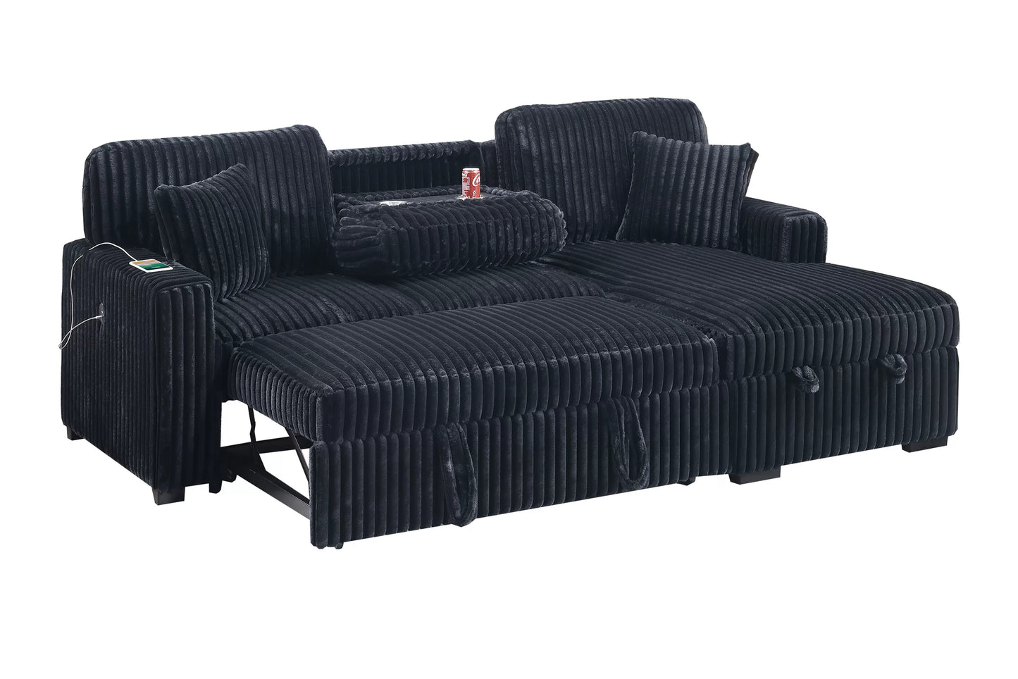 Convertible Sleeper Sectional with Storage, USB & Cup Holders – Black Corduroy | F8574